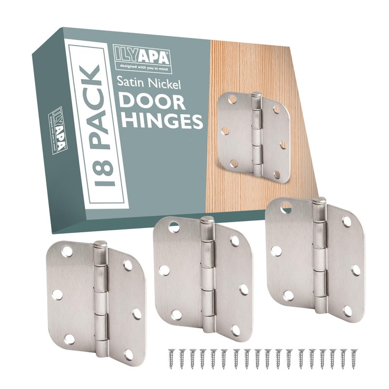 Ilyapa 18 Pack Brushed Nickel Hinges for Doors, 3.5 x 3.5 Inch Interior Satin Nickel Hinges Hardware, For Front Door, 5/8 Inch Radius Corners - Image 1